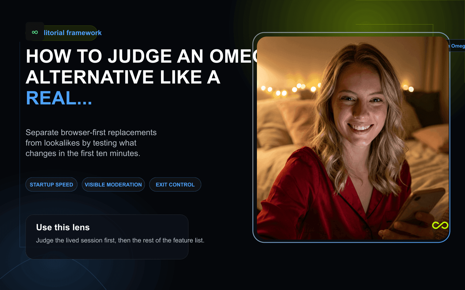 Framework for judging Omegle alternatives by entry speed, moderation visibility, session control, and mobile fit