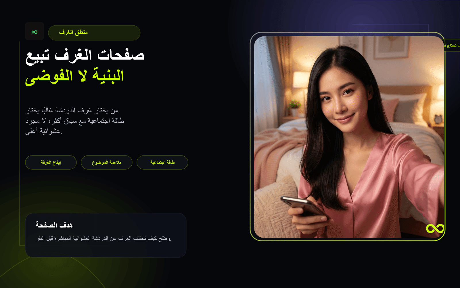 مخطط عربي يوضح غرف الدردشة والانتقال إلى الدردشة الفردية والمجهولة ودردشة الفيديو